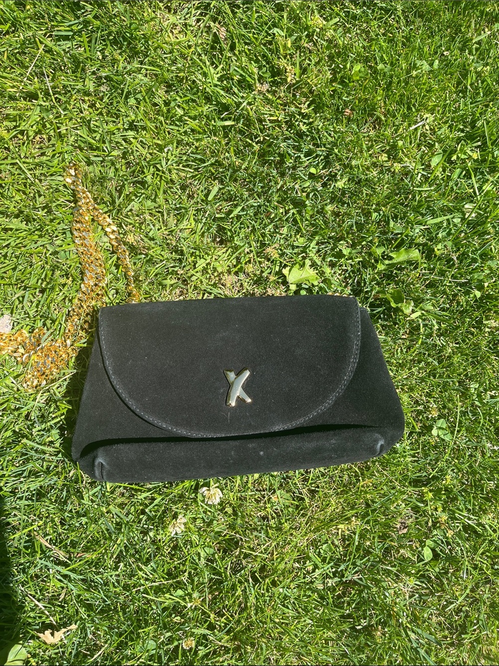 Paloma Picasso Black Suede Crossbody Clutch with Gold Chain